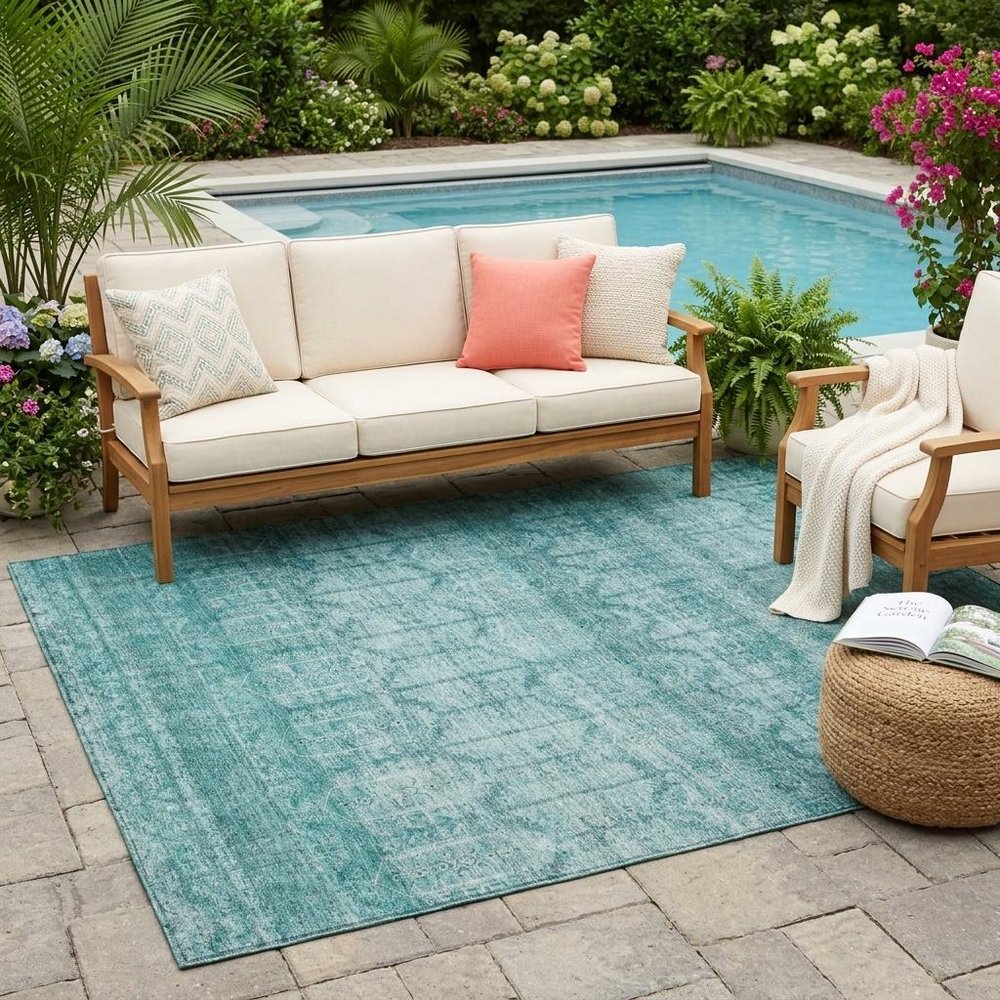 5' X 8' Aqua And Teal Blue Tribal Washable Indoor Outdoor Area Rug — view 5