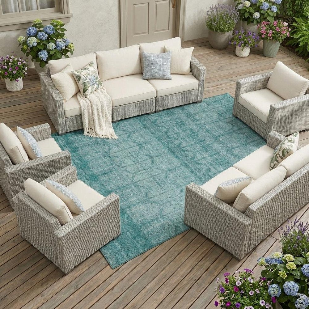 8' X 10' Aqua And Teal Blue Tribal Washable Indoor Outdoor Area Rug