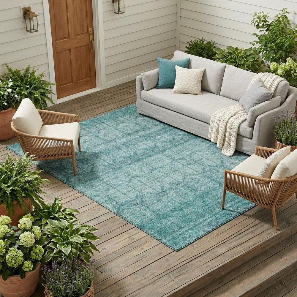 9' X 12' Aqua And Teal Blue Tribal Washable Indoor Outdoor Area Rug — view 5