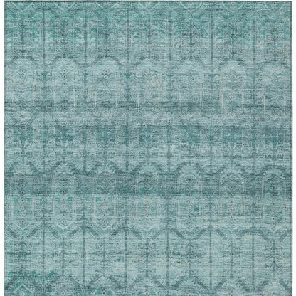 9' X 12' Aqua And Teal Blue Tribal Washable Indoor Outdoor Area Rug