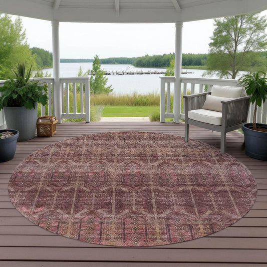 8' Burgundy And Red Round Tribal Washable Indoor Outdoor Area Rug