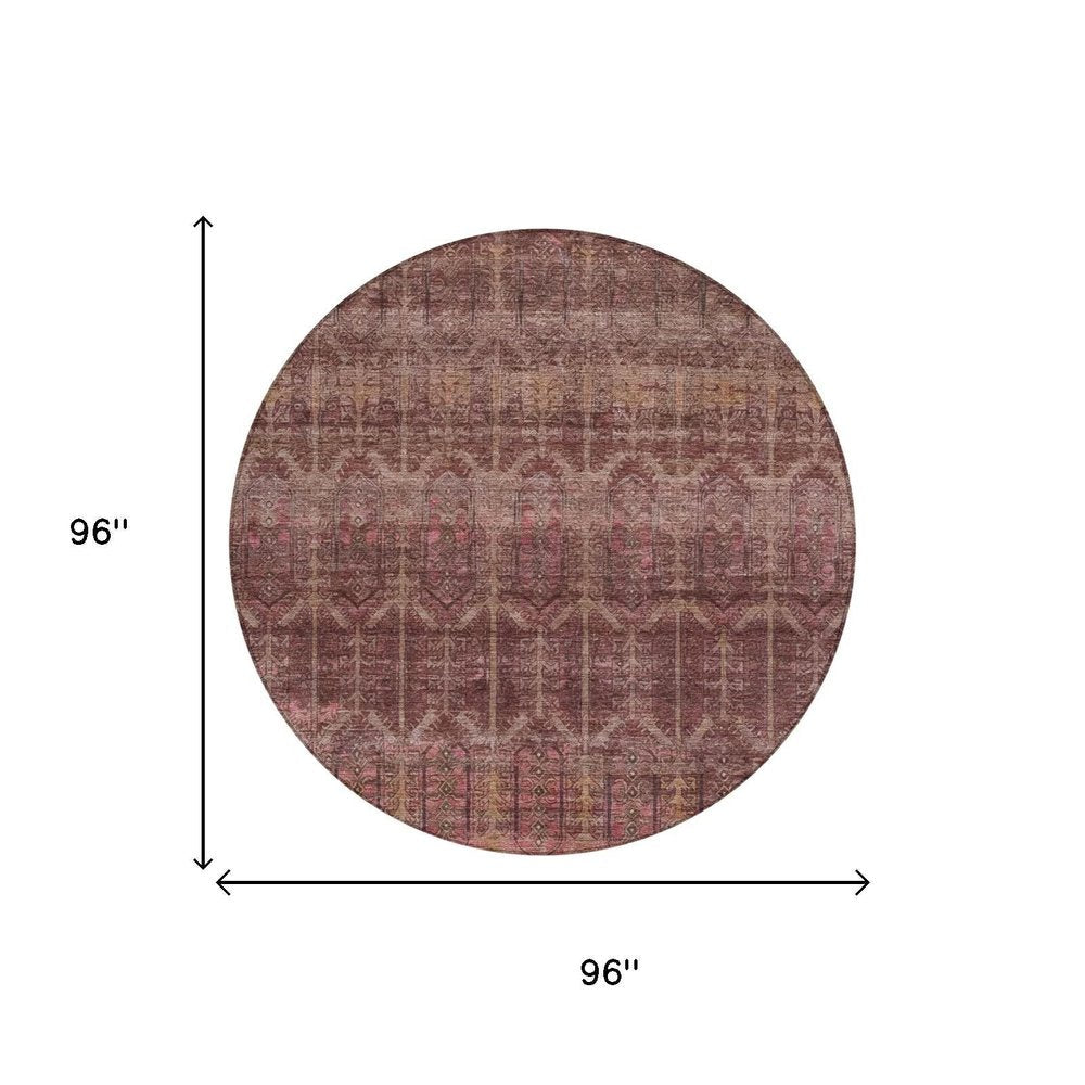 8' Burgundy And Red Round Tribal Washable Indoor Outdoor Area Rug — view 5