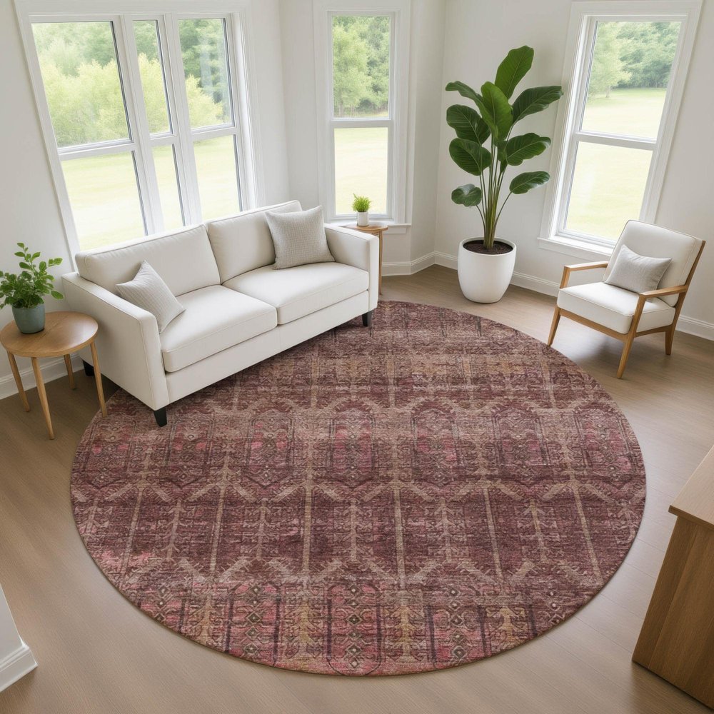 8' Burgundy And Red Round Tribal Washable Indoor Outdoor Area Rug — view 6