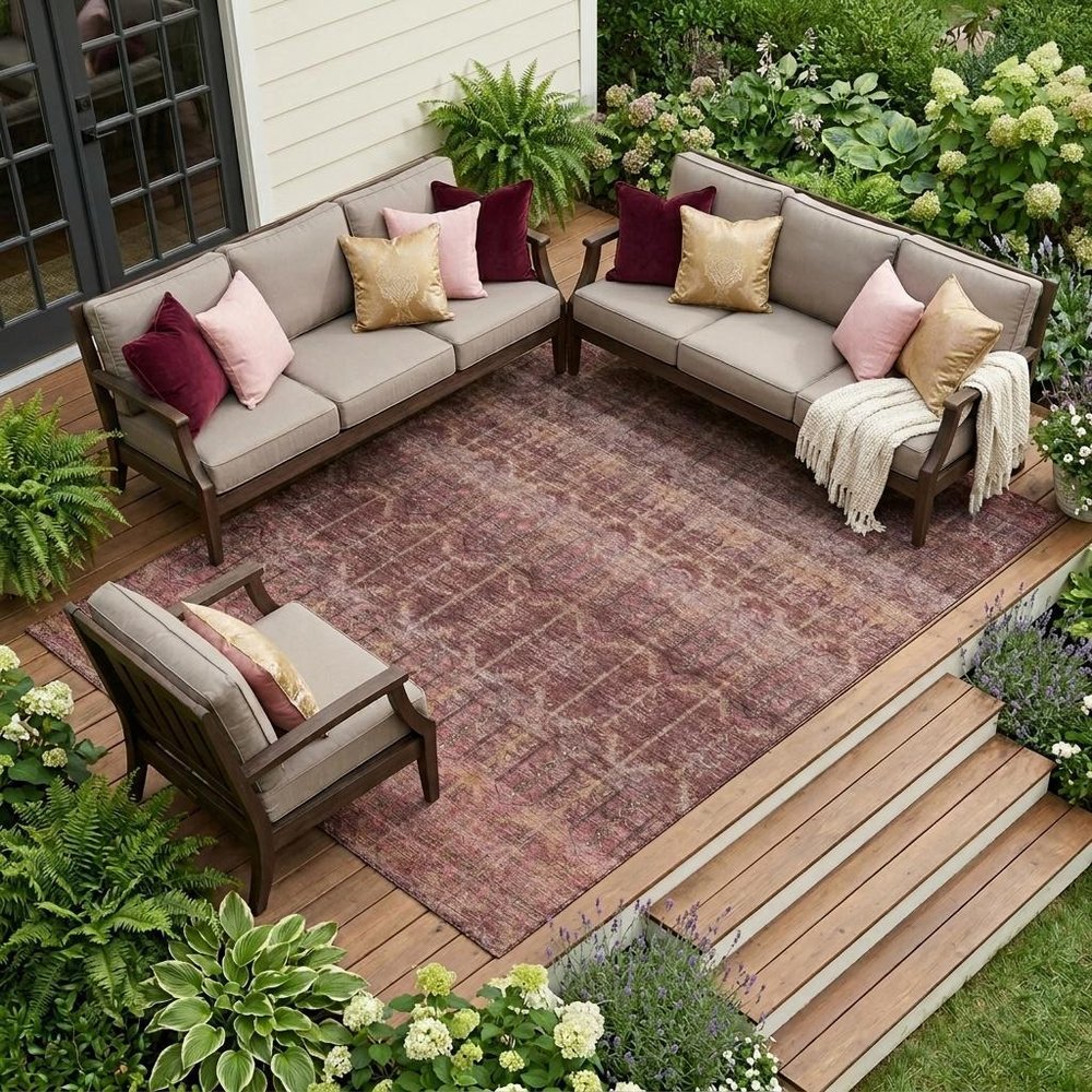 10' X 14' Burgundy And Red Tribal Washable Indoor Outdoor Area Rug — view 5