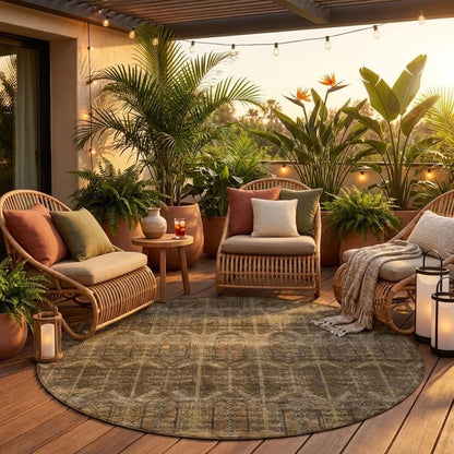 8' Brown And Chocolate Round Tribal Washable Indoor Outdoor Area Rug HomeRoots