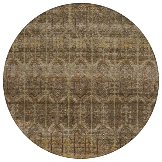 8' Brown And Chocolate Round Tribal Washable Indoor Outdoor Area Rug