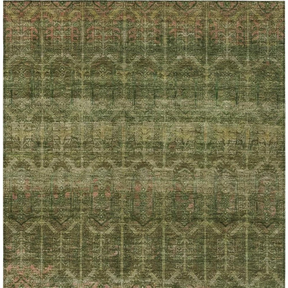 3' X 5' Olive Green And Green Tribal Washable Indoor Outdoor Area Rug — view 7