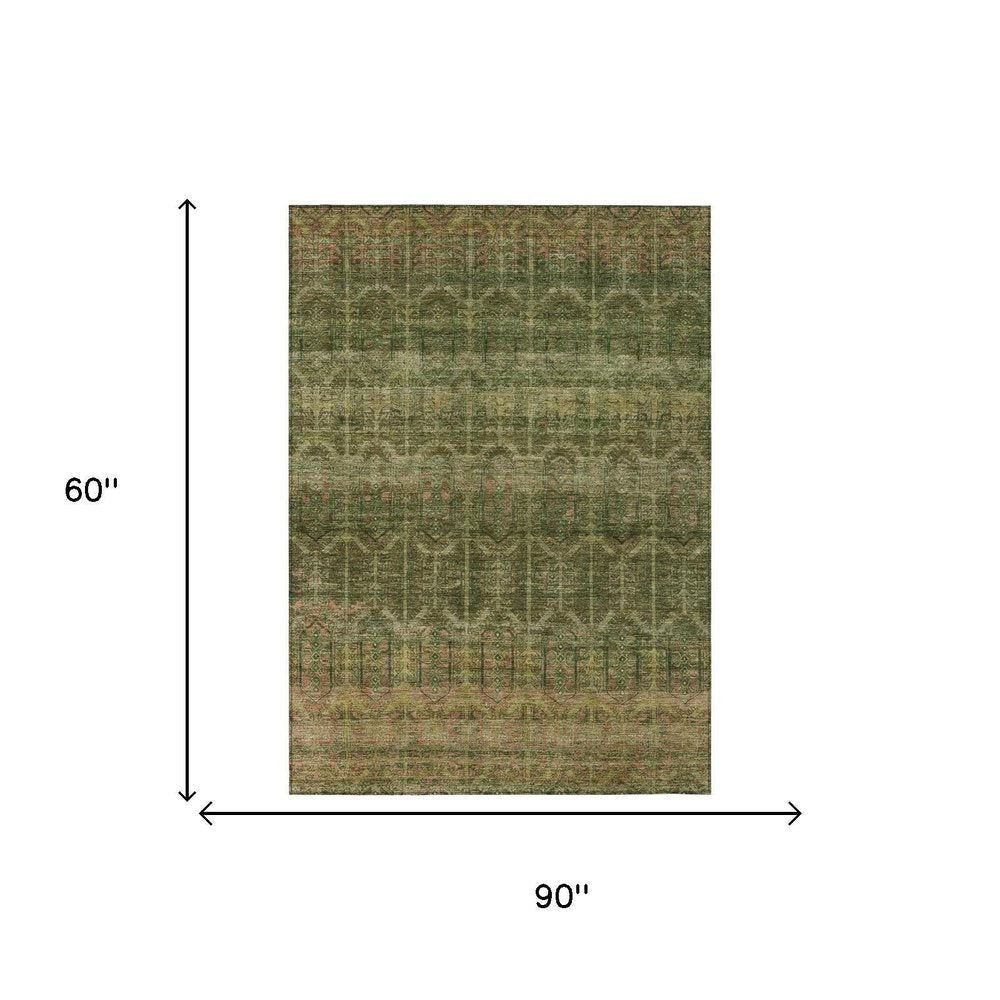5' X 8' Olive Green And Green Tribal Washable Indoor Outdoor Area Rug — view 4