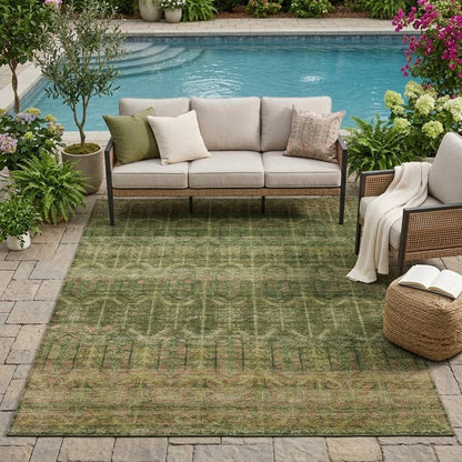 5' X 8' Olive Green And Green Tribal Washable Indoor Outdoor Area Rug HomeRoots