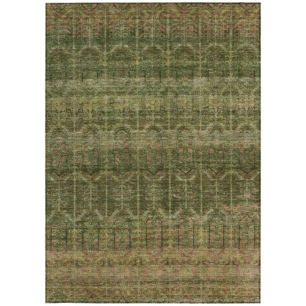 5' X 8' Olive Green And Green Tribal Washable Indoor Outdoor Area Rug — view 7