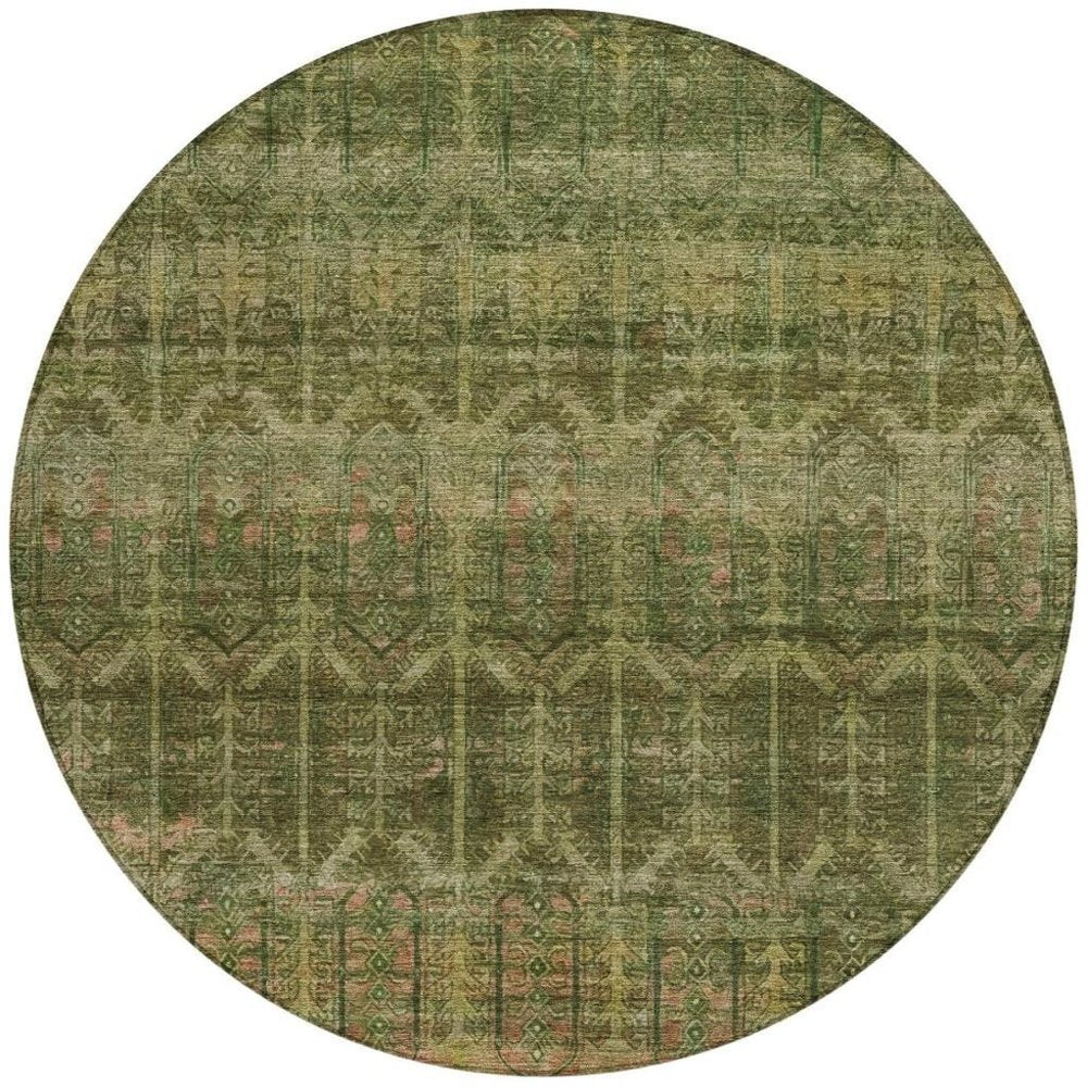 8' Olive Green And Green Round Tribal Washable Indoor Outdoor Area Rug — view 6