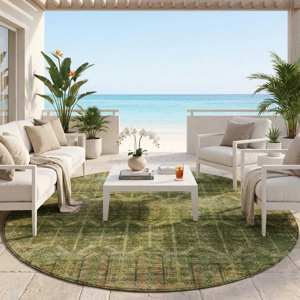 8' Olive Green And Green Round Tribal Washable Indoor Outdoor Area Rug HomeRoots