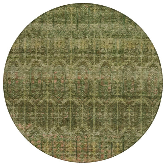 8' Olive Green And Green Round Tribal Washable Indoor Outdoor Area Rug