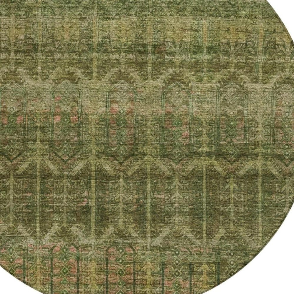 8' Olive Green And Green Round Tribal Washable Indoor Outdoor Area Rug — view 5