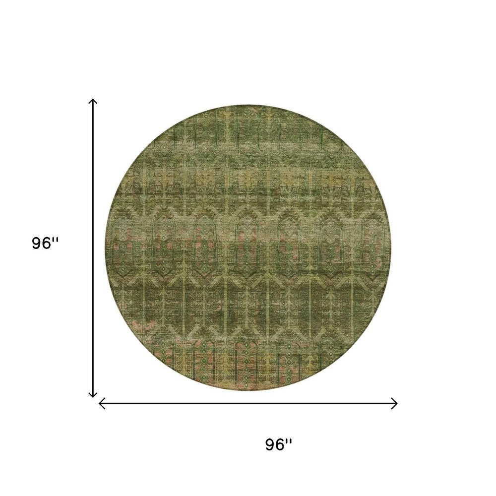 8' Olive Green And Green Round Tribal Washable Indoor Outdoor Area Rug — view 4