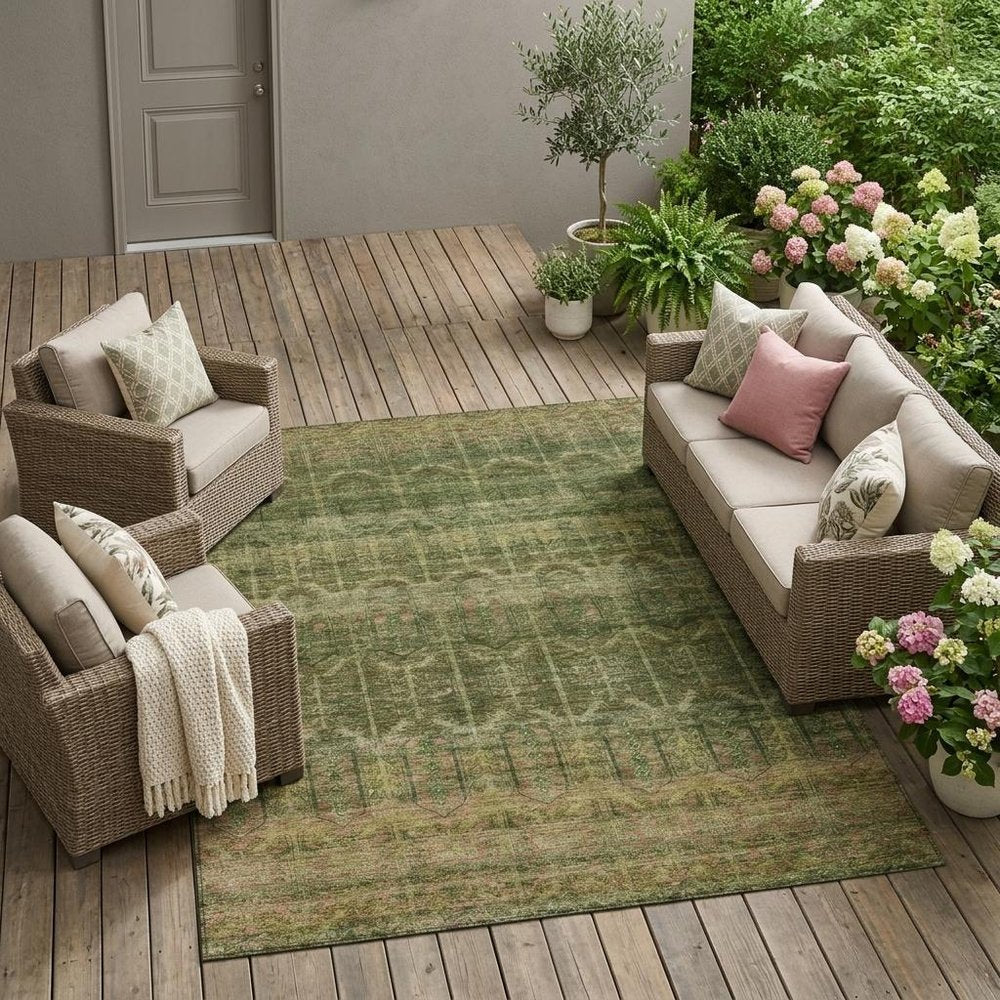 9' X 12' Olive Green And Green Tribal Washable Indoor Outdoor Area Rug — view 5