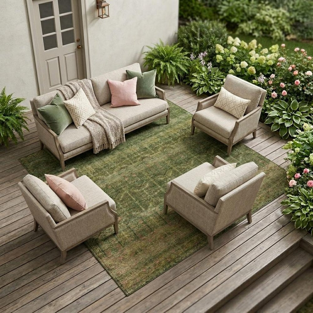 10' X 14' Olive Green And Green Tribal Washable Indoor Outdoor Area Rug — view 5