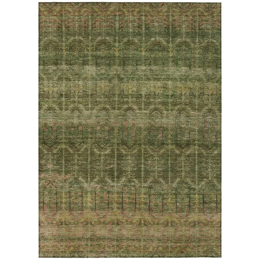 10' X 14' Olive Green And Green Tribal Washable Indoor Outdoor Area Rug — view 1