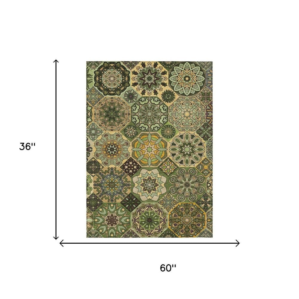 3' X 5' Green And Olive Green Patchwork Washable Indoor Outdoor Area Rug HomeRoots