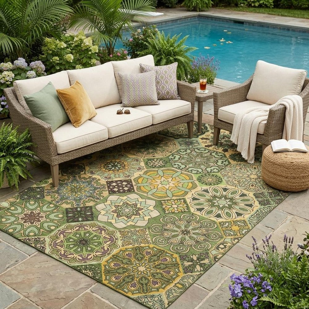 5' X 8' Green And Olive Green Patchwork Washable Indoor Outdoor Area Rug HomeRoots