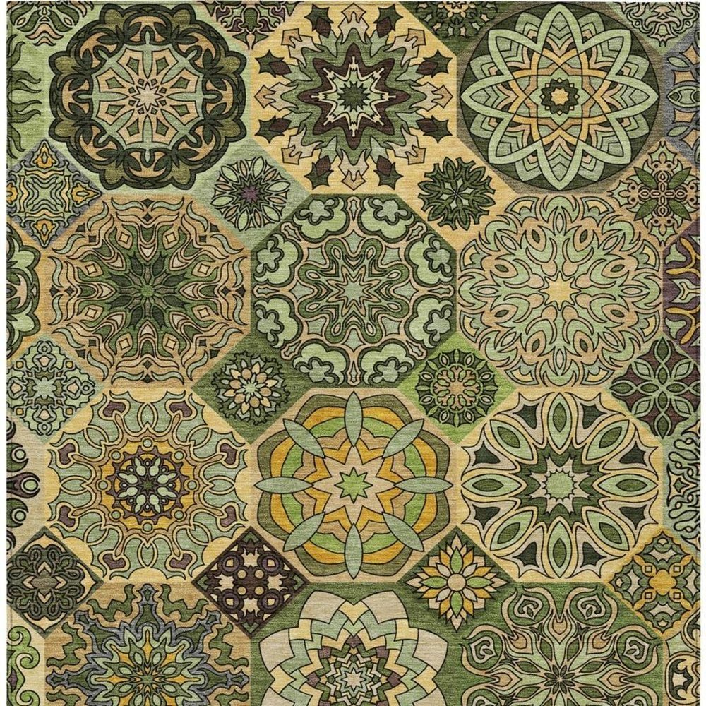 5' X 8' Green And Olive Green Patchwork Washable Indoor Outdoor Area Rug — view 7