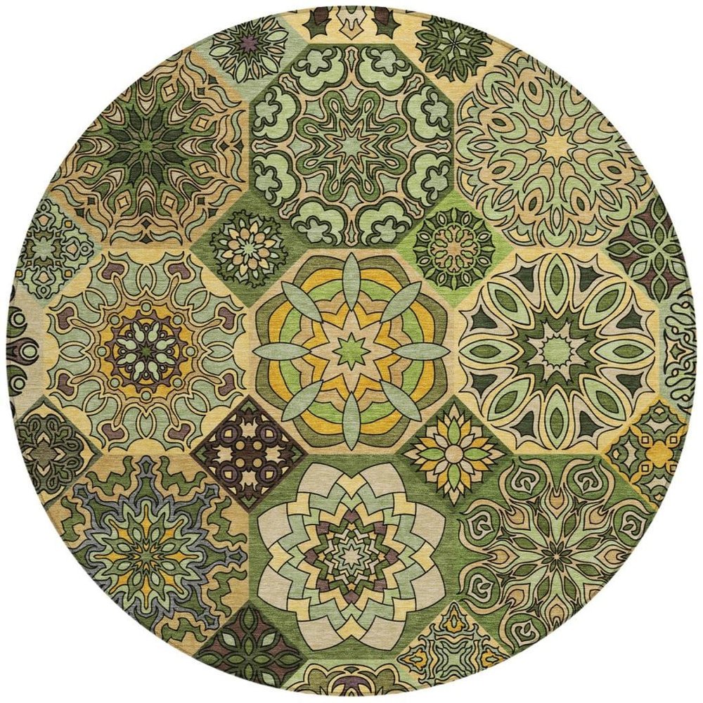 8' Green And Olive Green Round Patchwork Washable Indoor Outdoor Area Rug