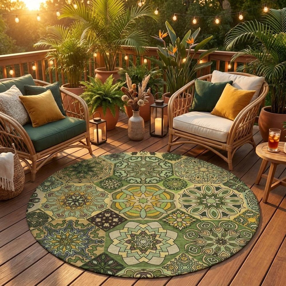 8' Green And Olive Green Round Patchwork Washable Indoor Outdoor Area Rug HomeRoots