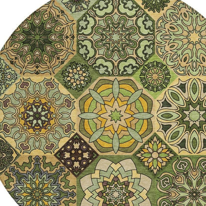 8' Green And Olive Green Round Patchwork Washable Indoor Outdoor Area Rug