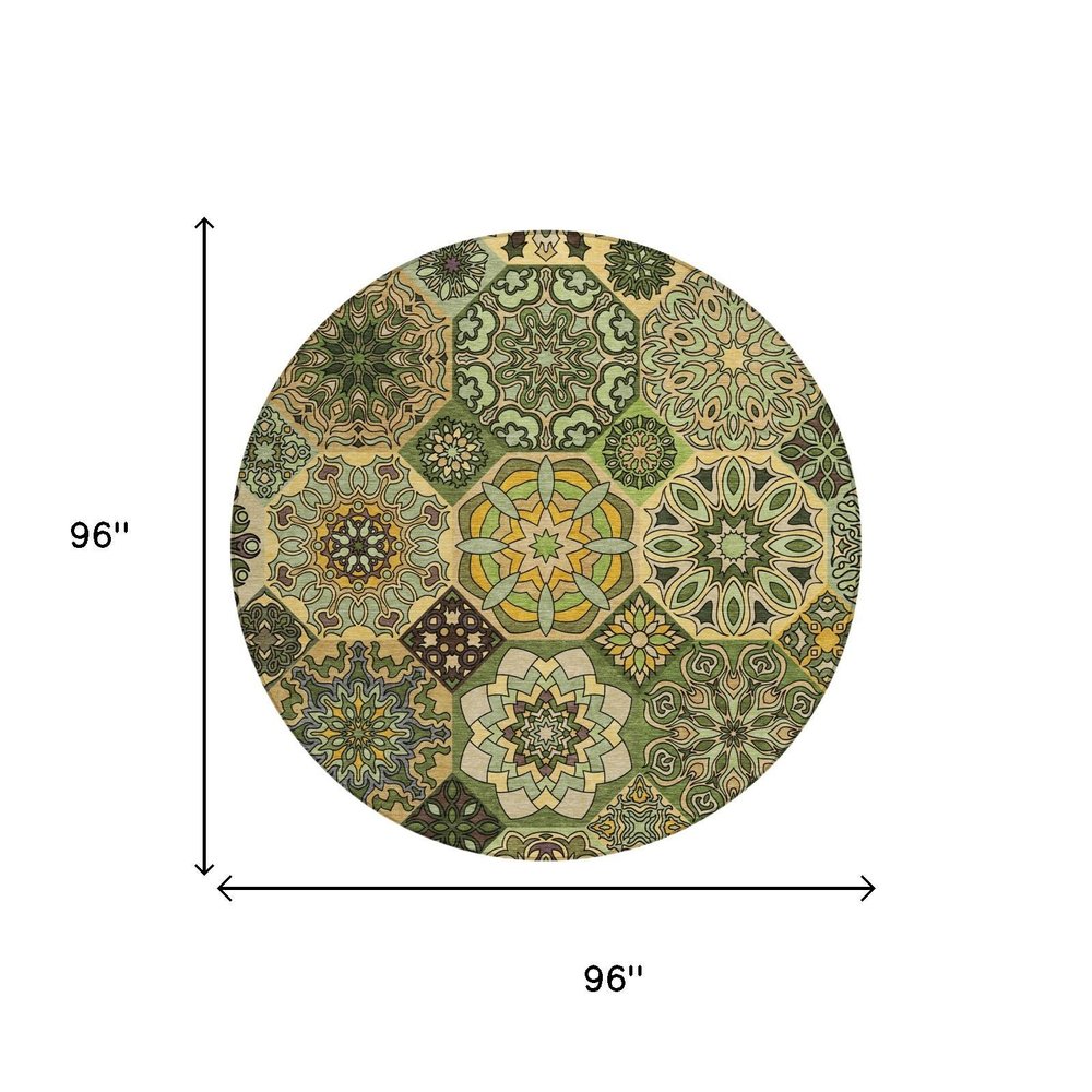 8' Green And Olive Green Round Patchwork Washable Indoor Outdoor Area Rug — view 4