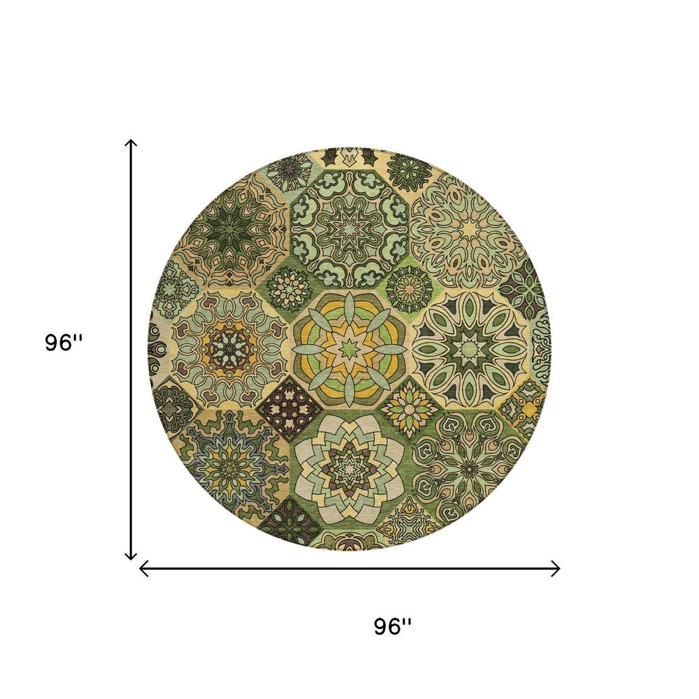 8' Green And Olive Green Round Patchwork Washable Indoor Outdoor Area Rug — view 4