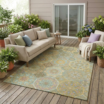 5' X 8' Gold And Green Patchwork Washable Indoor Outdoor Area Rug
