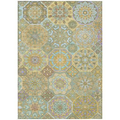 5' X 8' Gold And Green Patchwork Washable Indoor Outdoor Area Rug