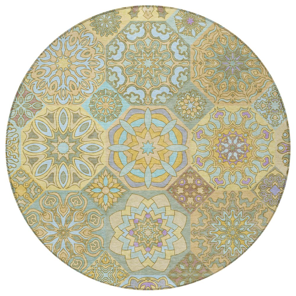8' Gold And Green Round Patchwork Washable Indoor Outdoor Area Rug HomeRoots