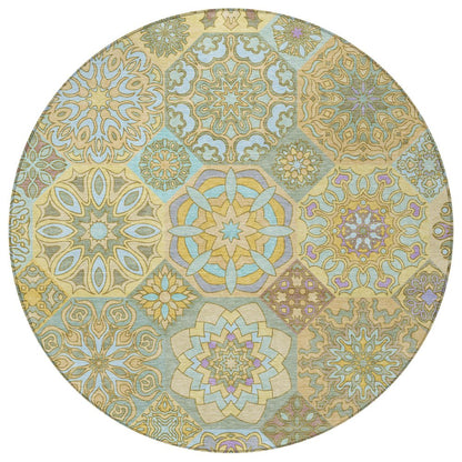 8' Gold And Green Round Patchwork Washable Indoor Outdoor Area Rug HomeRoots