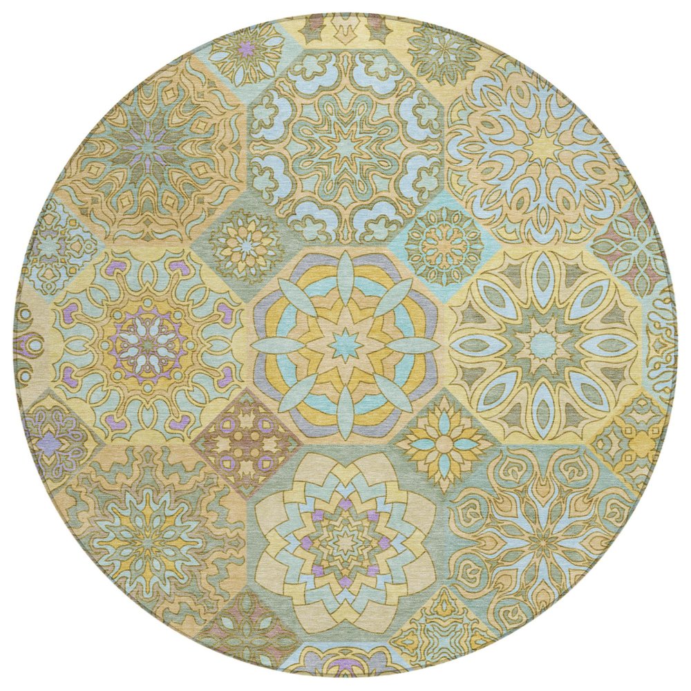 8' Gold And Green Round Patchwork Washable Indoor Outdoor Area Rug — view 1