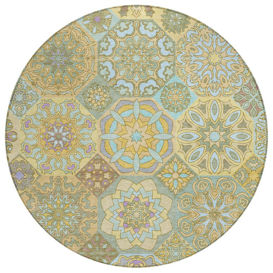 8' Gold And Green Round Patchwork Washable Indoor Outdoor Area Rug