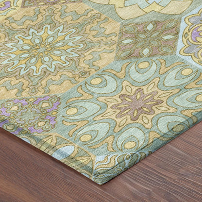 8' Gold And Green Round Patchwork Washable Indoor Outdoor Area Rug HomeRoots