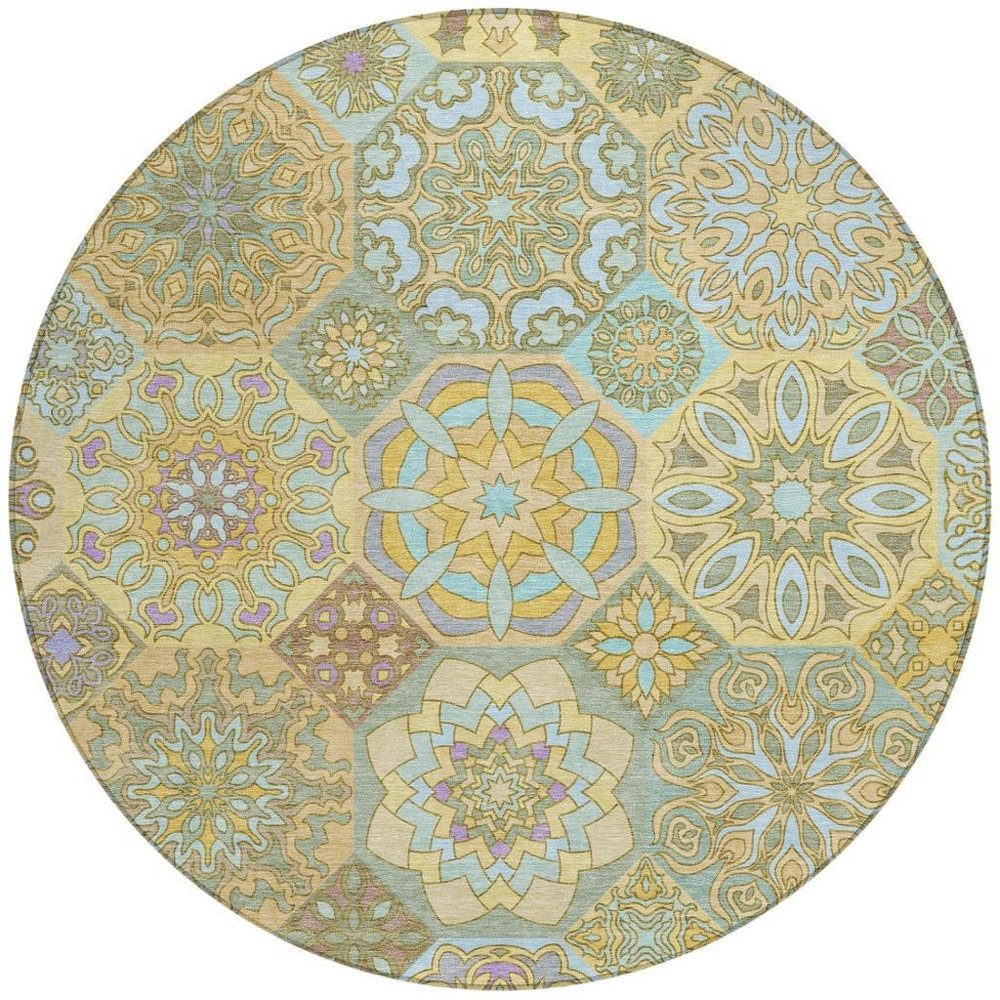 8' Gold And Green Round Patchwork Washable Indoor Outdoor Area Rug — view 5