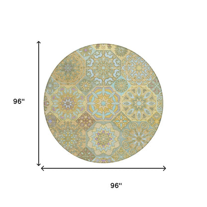 8' Gold And Green Round Patchwork Washable Indoor Outdoor Area Rug HomeRoots