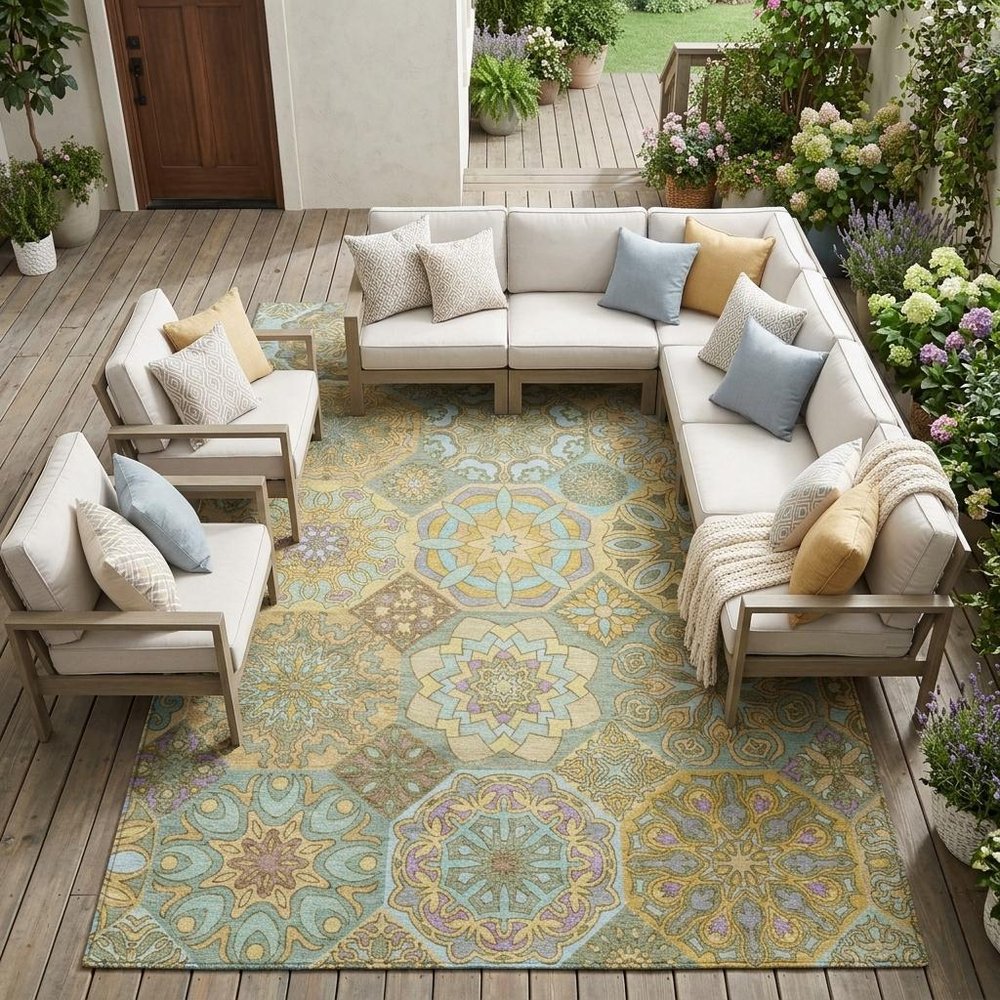 8' X 10' Gold And Green Patchwork Washable Indoor Outdoor Area Rug