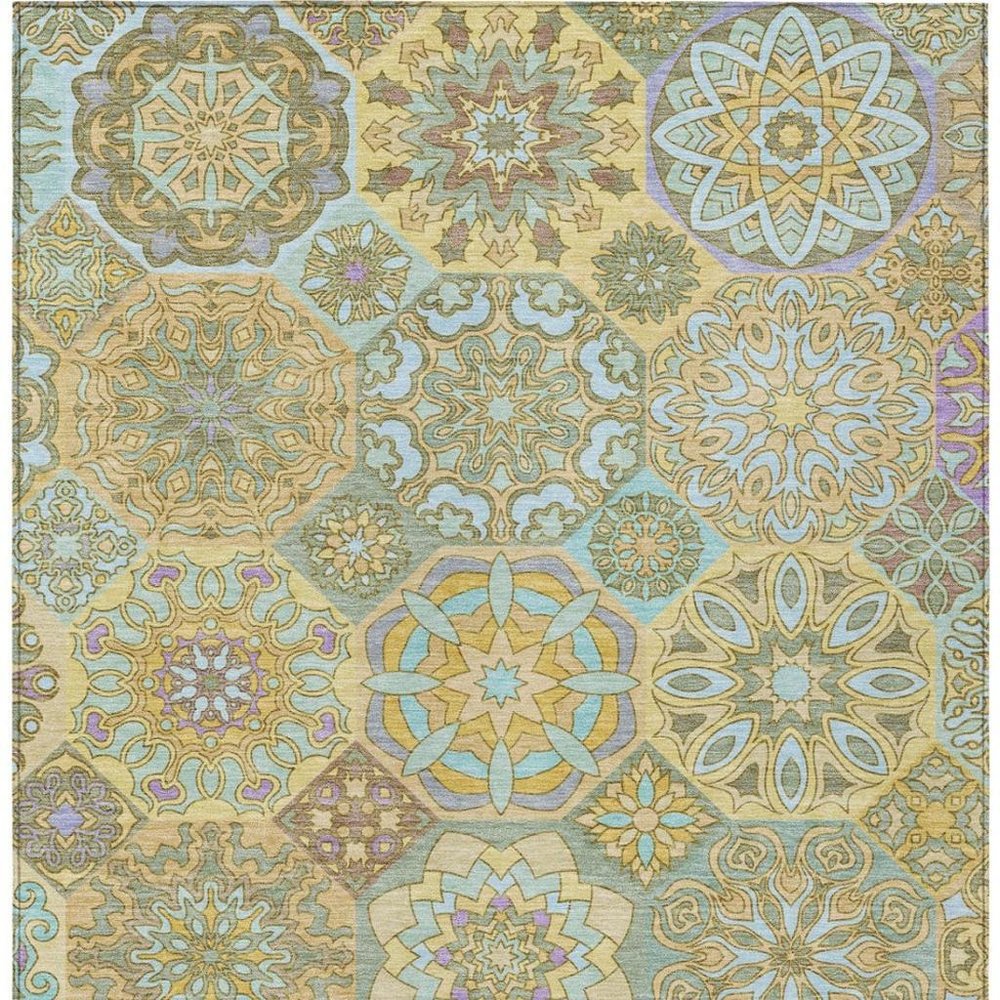 8' X 10' Gold And Green Patchwork Washable Indoor Outdoor Area Rug