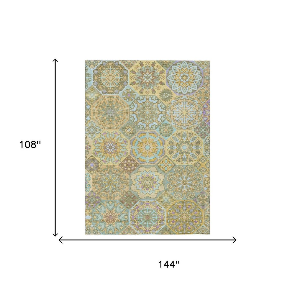 9' X 12' Gold And Green Patchwork Washable Indoor Outdoor Area Rug HomeRoots