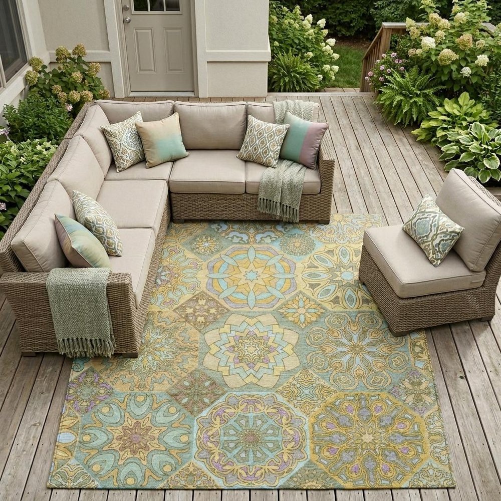 9' X 12' Gold And Green Patchwork Washable Indoor Outdoor Area Rug — view 5