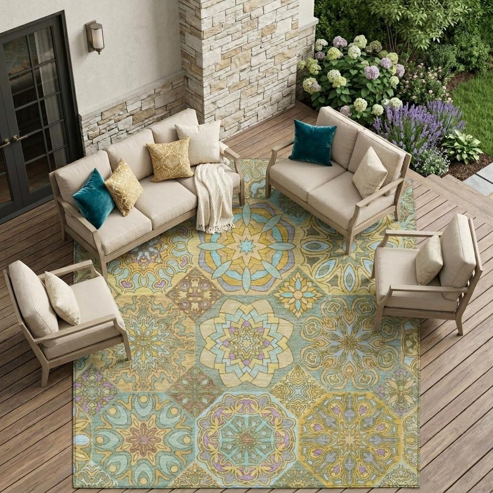 10' X 14' Gold And Green Patchwork Washable Indoor Outdoor Area Rug — view 5