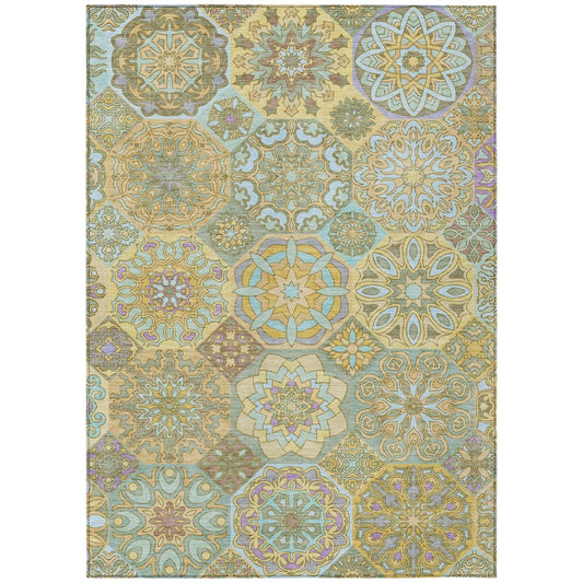10' X 14' Gold And Green Patchwork Washable Indoor Outdoor Area Rug