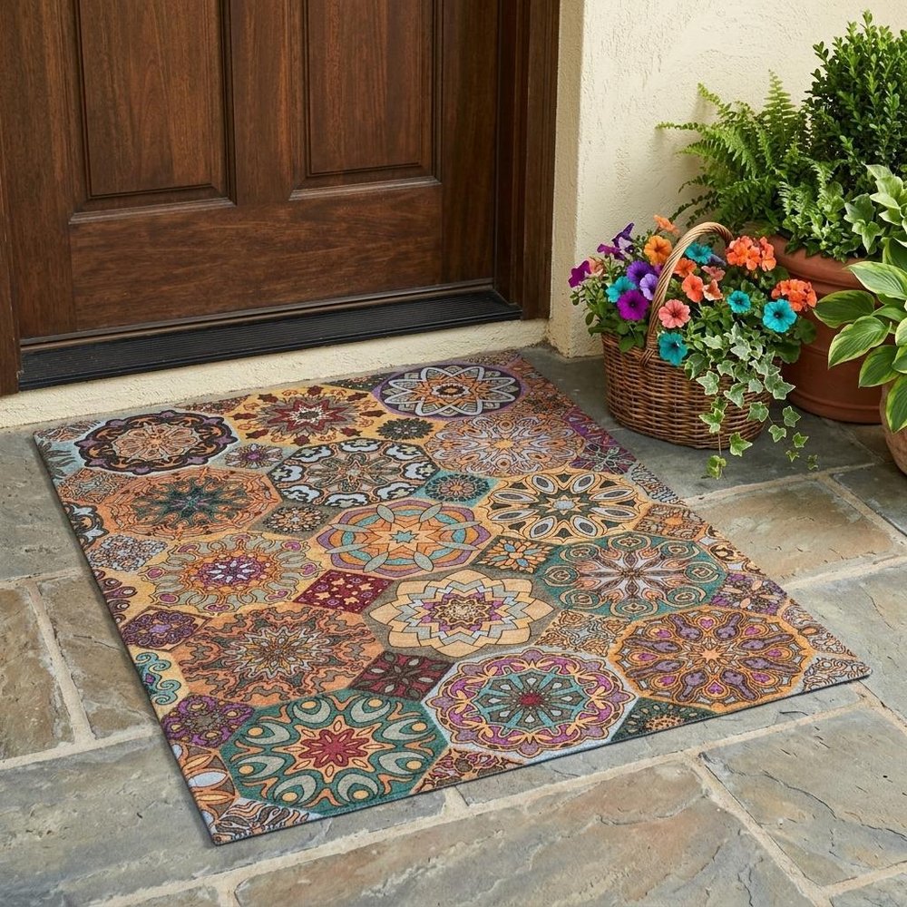 3' X 5' Orange And Rust Patchwork Washable Indoor Outdoor Area Rug — view 5
