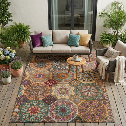 5' X 8' Orange And Rust Patchwork Washable Indoor Outdoor Area Rug HomeRoots