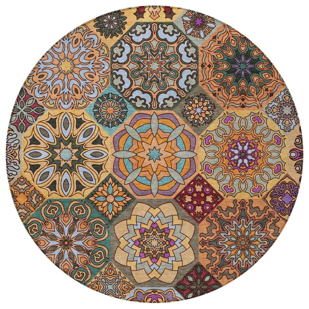 8' Orange And Rust Round Patchwork Washable Indoor Outdoor Area Rug — view 6