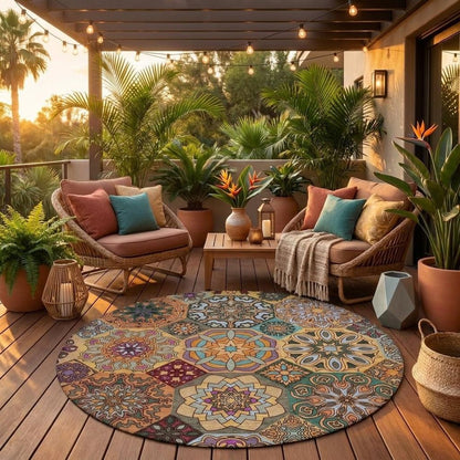 8' Orange And Rust Round Patchwork Washable Indoor Outdoor Area Rug