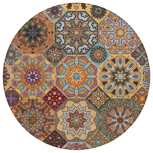 8' Orange And Rust Round Patchwork Washable Indoor Outdoor Area Rug